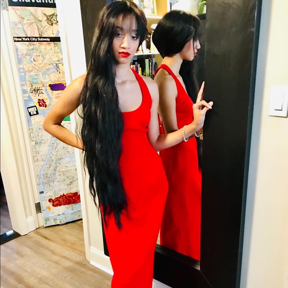 Red gown zippered back backless